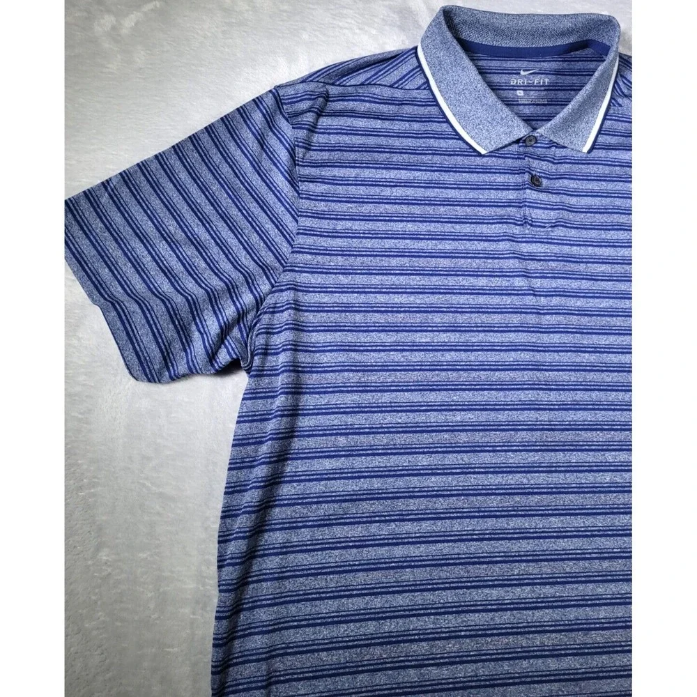 Nike Shirt Mens XL Polo Blue Striped‎ Dri-Fit Stretch Golf Short Sleeve Swoosh
